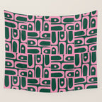 Mid Century Modern Piquet Abstract Multi Geometric Pattern Dark Green and Retro Pink Wall Tapestry Gallery Image 4