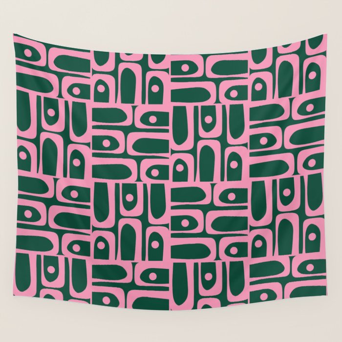 Mid Century Modern Piquet Abstract Multi Geometric Pattern Dark Green and Retro Pink Wall Tapestry Gallery Image 4