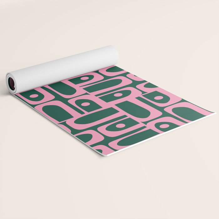 Mid Century Modern Piquet Abstract Multi Geometric Pattern Dark Green and Retro Pink Yoga Mat Gallery Image 2