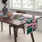 Mid Century Modern Piquet Abstract Multi Geometric Pattern Dark Green and Retro Pink Table Runner Gallery Image 2