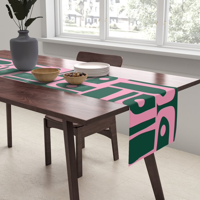 Mid Century Modern Piquet Abstract Multi Geometric Pattern Dark Green and Retro Pink Table Runner Gallery Image 2