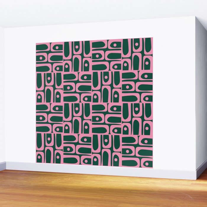 Mid Century Modern Piquet Abstract Multi Geometric Pattern Dark Green and Retro Pink Wall Mural Gallery Image 2