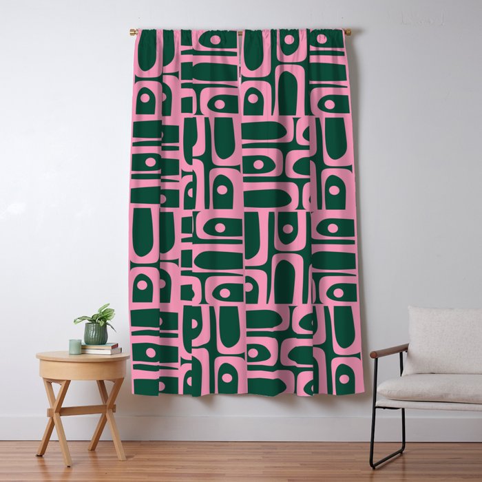 Mid Century Modern Piquet Abstract Multi Geometric Pattern Dark Green and Retro Pink Window Curtain Gallery Image 5