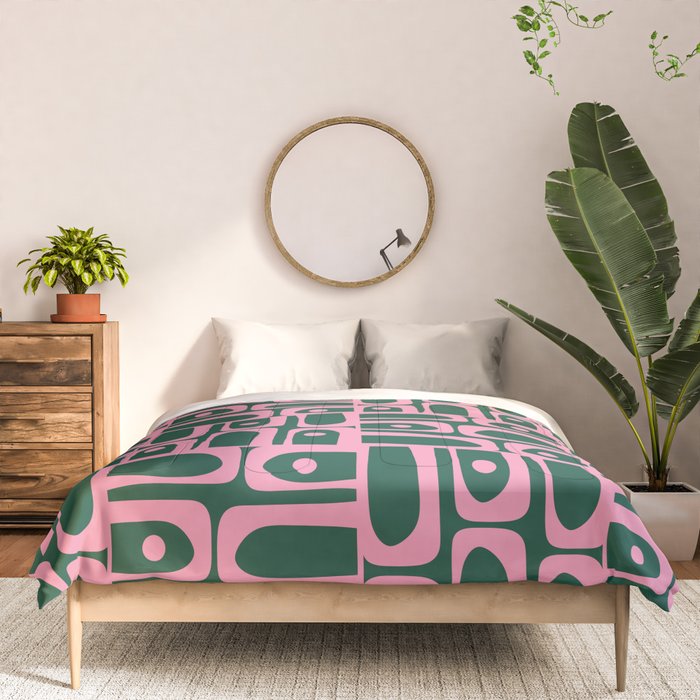 Mid Century Modern Piquet Abstract Multi Geometric Pattern Dark Green and Retro Pink Comforter Gallery Image 3