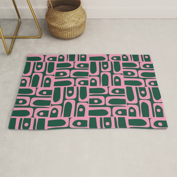 Mid Century Modern Piquet Abstract Multi Geometric Pattern Dark Green and Retro Pink Rug Gallery Image 1