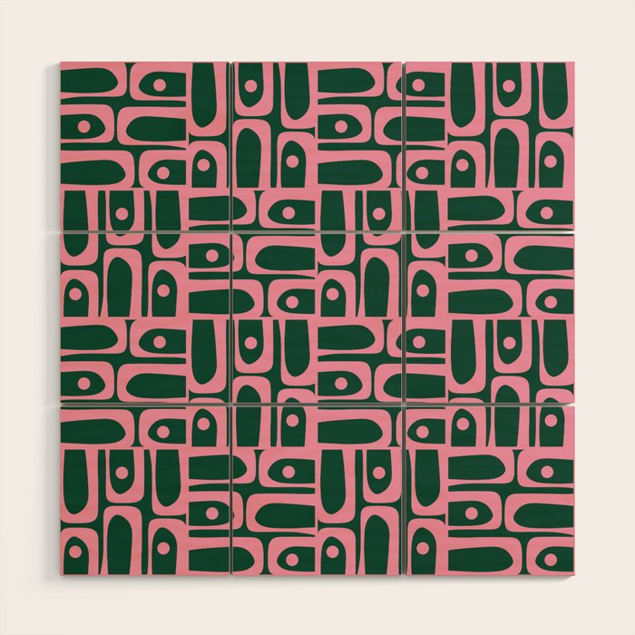 Mid Century Modern Piquet Abstract Multi Geometric Pattern Dark Green and Retro Pink Wood Wall Art Gallery Image 1