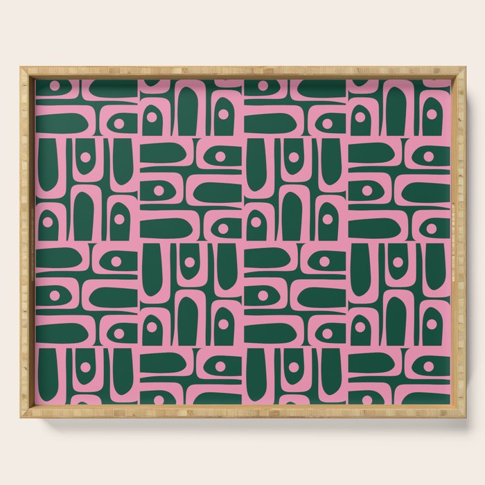Mid Century Modern Piquet Abstract Multi Geometric Pattern Dark Green and Retro Pink Serving Tray Gallery Image 1