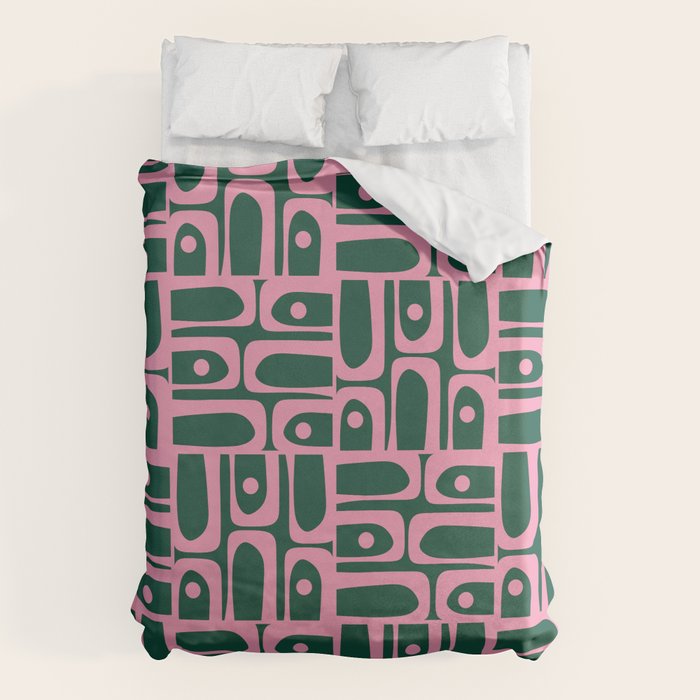 Mid Century Modern Piquet Abstract Multi Geometric Pattern Dark Green and Retro Pink Duvet Cover Gallery Image 1
