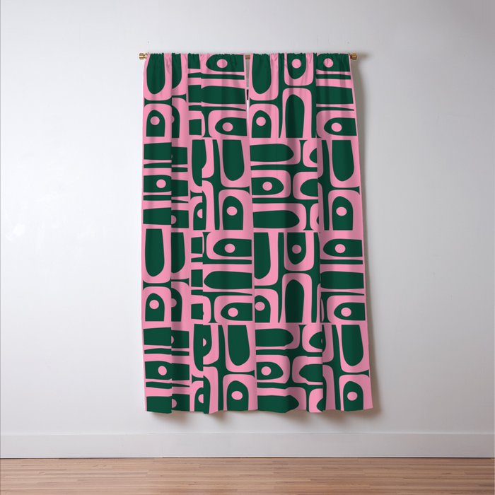 Mid Century Modern Piquet Abstract Multi Geometric Pattern Dark Green and Retro Pink Window Curtain Gallery Image 3