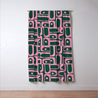 Mid Century Modern Piquet Abstract Multi Geometric Pattern Dark Green and Retro Pink Window Curtain Gallery Image 3