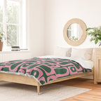 Mid Century Modern Piquet Abstract Multi Geometric Pattern Dark Green and Retro Pink Duvet Cover Gallery Image 2