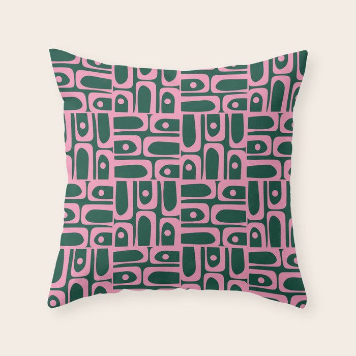 Mid Century Modern Piquet Abstract Multi Geometric Pattern Dark Green and Retro Pink Throw Pillow Gallery Image 1