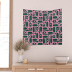 Mid Century Modern Piquet Abstract Multi Geometric Pattern Dark Green and Retro Pink Wall Tapestry Gallery Image 2