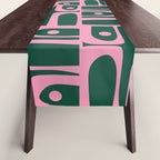 Mid Century Modern Piquet Abstract Multi Geometric Pattern Dark Green and Retro Pink Table Runner Gallery Image 1