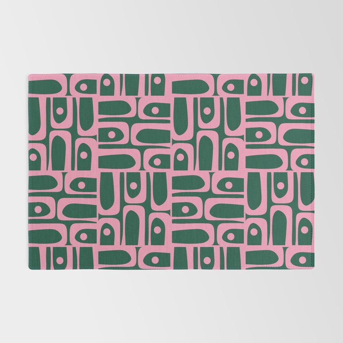 Mid Century Modern Piquet Abstract Multi Geometric Pattern Dark Green and Retro Pink Rug Gallery Image 2