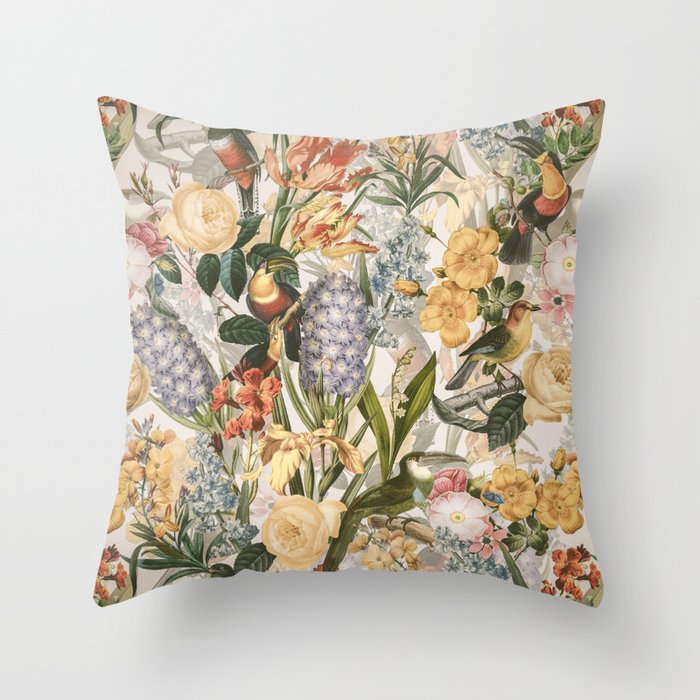 Vintage Tropical Flower And Bird Garden Throw Pillow Gallery Image 1