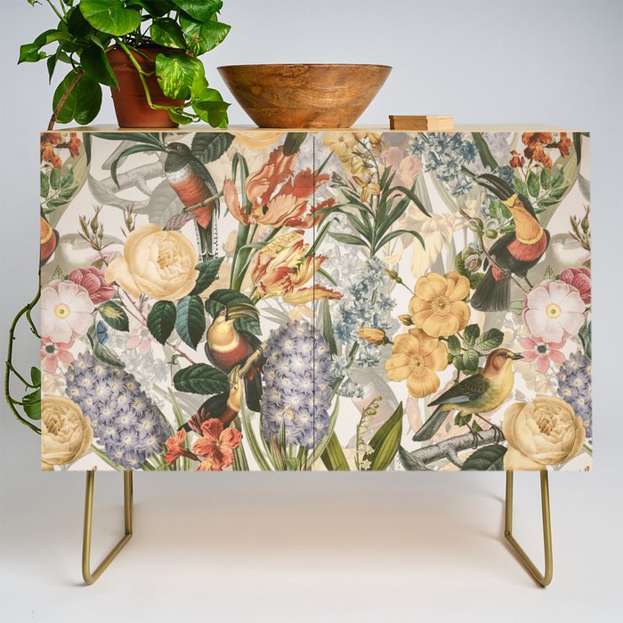 Vintage Tropical Flower And Bird Garden Credenza Gallery Image 1