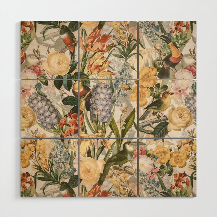 Vintage Tropical Flower And Bird Garden Wood Wall Art Gallery Image 1