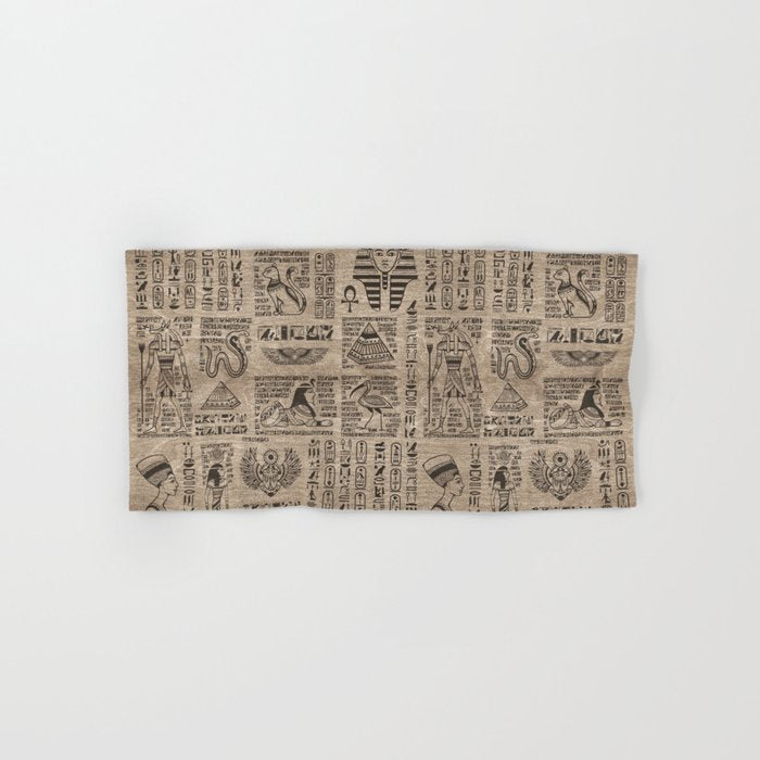 Egyptian hieroglyphs and symbols on wood Towels Gallery Image 1