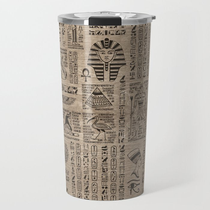 Egyptian hieroglyphs and symbols on wood Travel Mug Gallery Image 1
