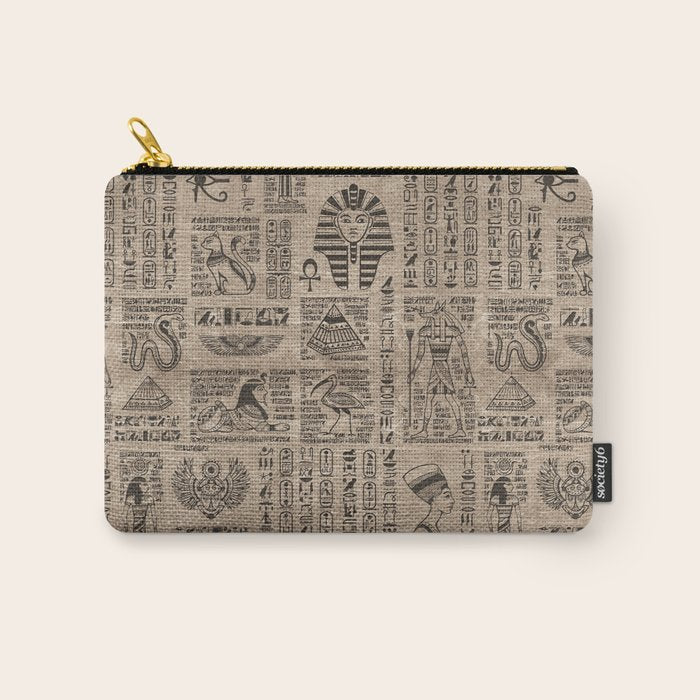Egyptian hieroglyphs and symbols on wood Carry All Pouch Gallery Image 1