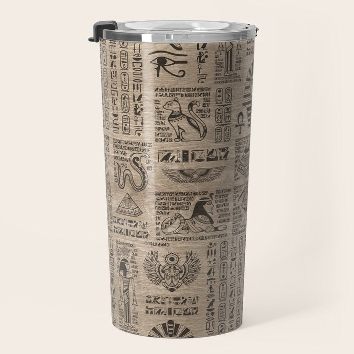 Egyptian hieroglyphs and symbols on wood Travel Mug Gallery Image 3