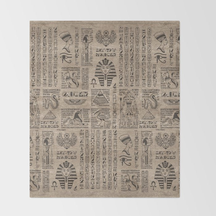 Egyptian hieroglyphs and symbols on wood Throw Blanket Gallery Image 2