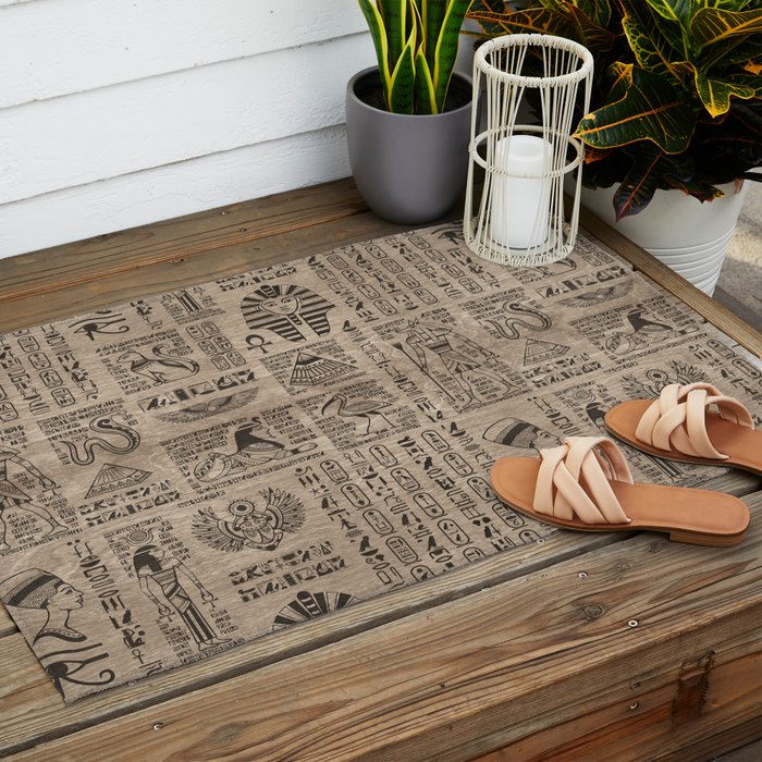 Egyptian hieroglyphs and symbols on wood Outdoor Rug Gallery Image 2