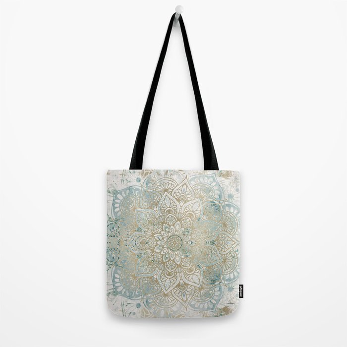 Yoga, Mandala, Teal and Gold, Wall Art Boho Tote Bag Gallery Image 2