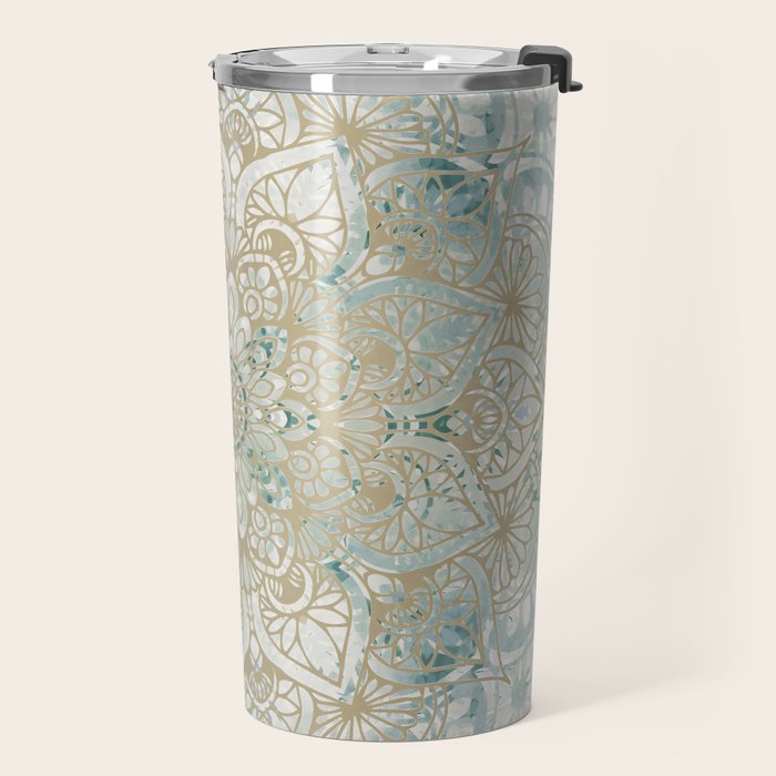 Yoga, Mandala, Teal and Gold, Wall Art Boho Travel Mug Gallery Image 2