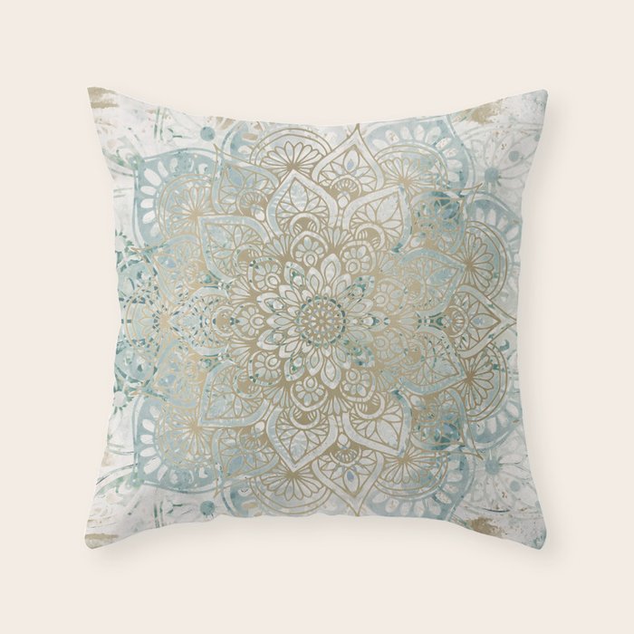 Yoga, Mandala, Teal and Gold, Wall Art Boho Throw Pillow Gallery Image 1