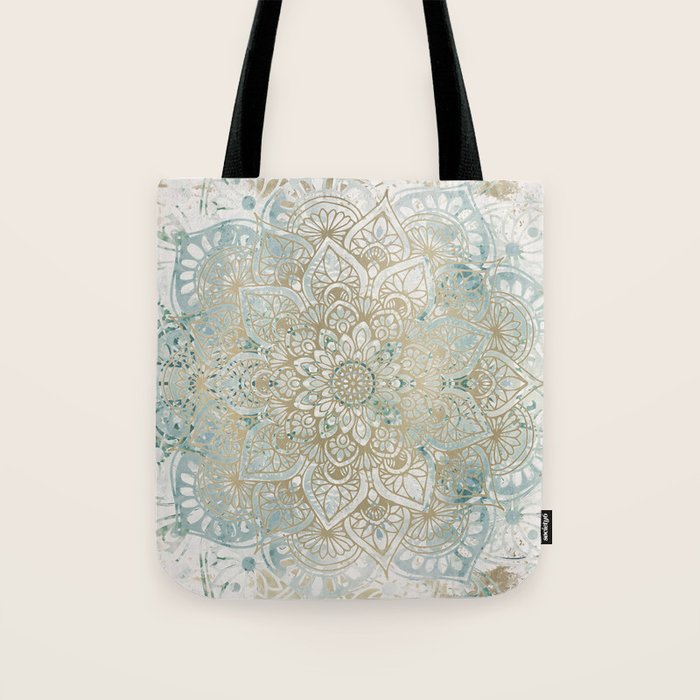 Yoga, Mandala, Teal and Gold, Wall Art Boho Tote Bag Gallery Image 1