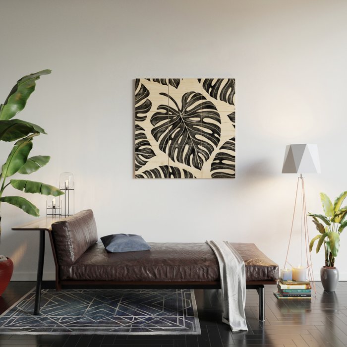 Watercolor Palm Leaves Black and White Wood Wall Art Gallery Image 2