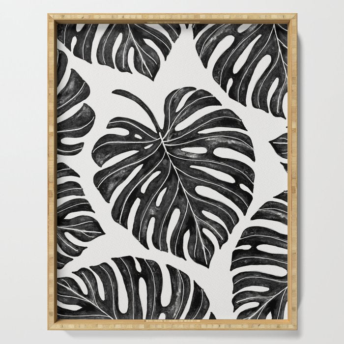Watercolor Palm Leaves Black and White Serving Tray Gallery Image 1