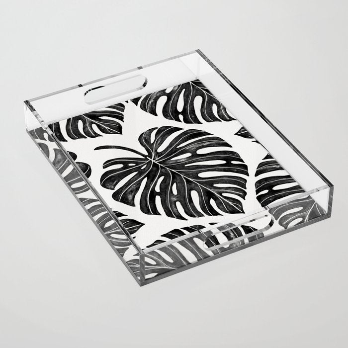 Watercolor Palm Leaves Black and White Acrylic Tray Gallery Image 1