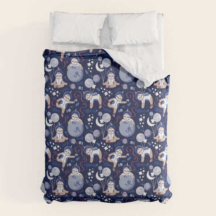 Best Space To Be // navy blue background indigo moons and cute astronauts sloths Comforter Gallery Image 6