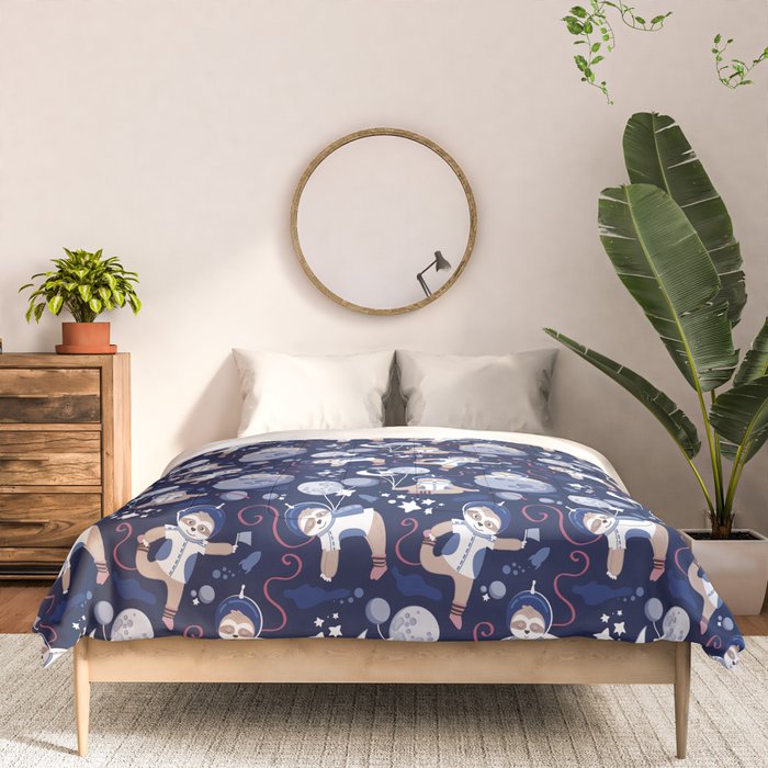 Best Space To Be // navy blue background indigo moons and cute astronauts sloths Comforter Gallery Image 3