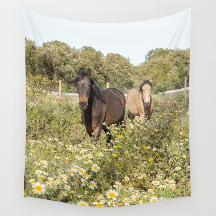 Horses in a Field of Wildflowers | Portugal Travel Art Print | Animal Photography in Europe Wall Tapestry Gallery Image 4