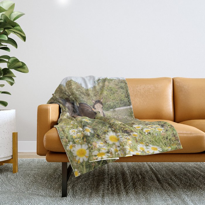 Horses in a Field of Wildflowers | Portugal Travel Art Print | Animal Photography in Europe Throw Blanket Gallery Image 1
