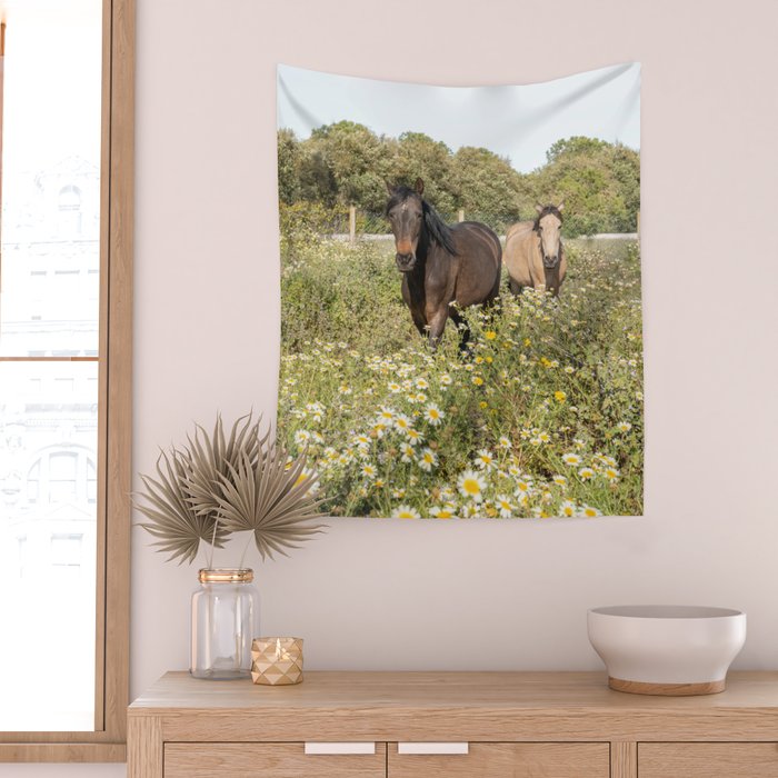 Horses in a Field of Wildflowers | Portugal Travel Art Print | Animal Photography in Europe Wall Tapestry Gallery Image 2