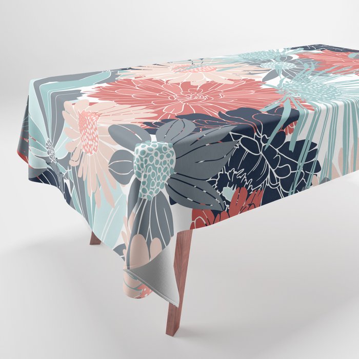 Summer Floral Garden, Coral, Teal and Blue Tablecloth Gallery Image 1