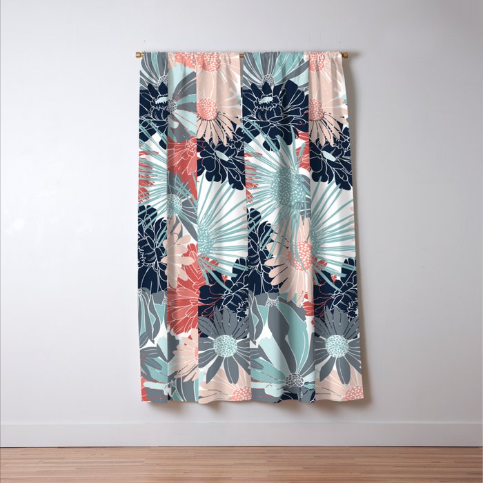 Summer Floral Garden, Coral, Teal and Blue Window Curtain Gallery Image 3