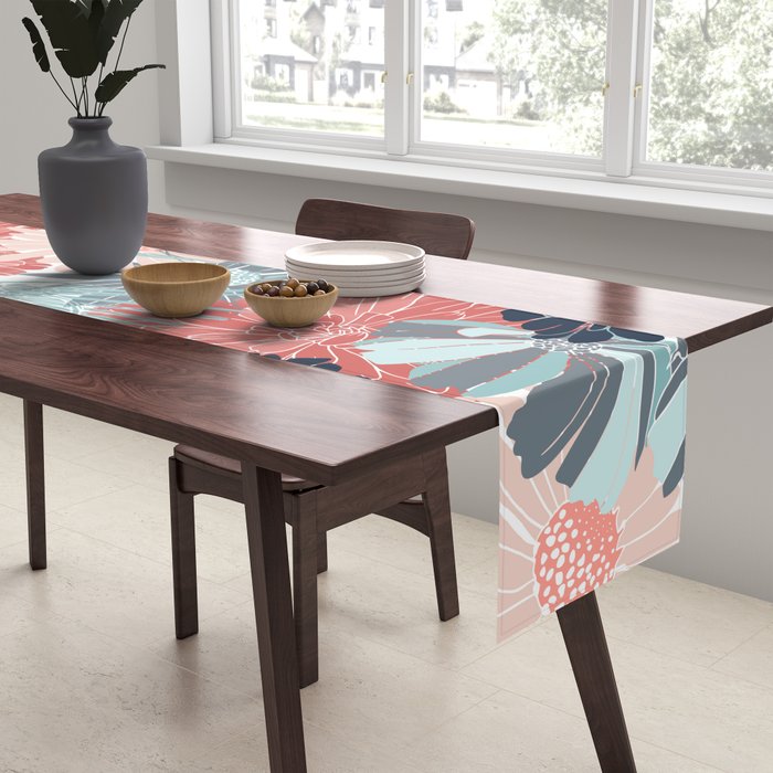 Summer Floral Garden, Coral, Teal and Blue Table Runner Gallery Image 2
