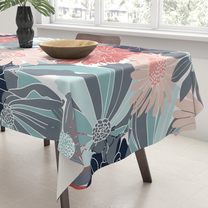 Summer Floral Garden, Coral, Teal and Blue Tablecloth Gallery Image 3
