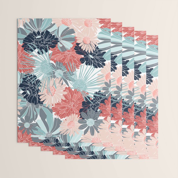 Summer Floral Garden, Coral, Teal and Blue Wrapping Paper Gallery Image 3