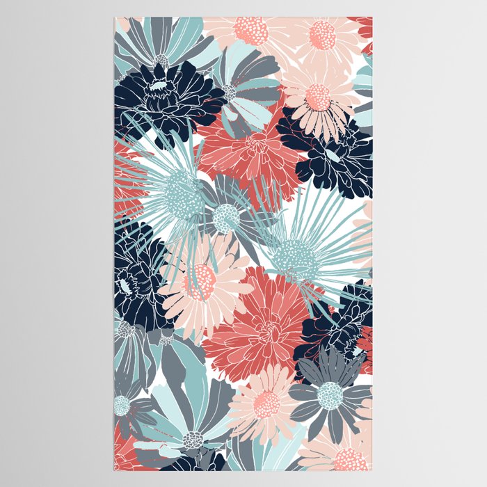 Summer Floral Garden, Coral, Teal and Blue Tablecloth Gallery Image 2