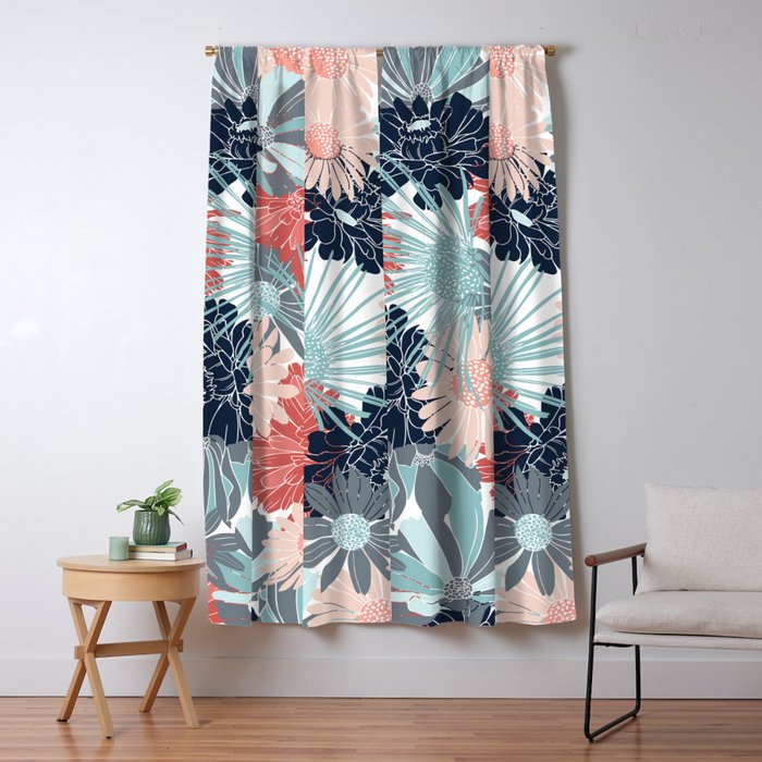 Summer Floral Garden, Coral, Teal and Blue Window Curtain Gallery Image 1