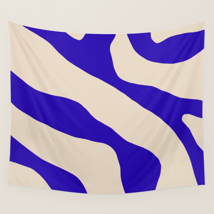 Blue Cobalt Abstract Minimalist Organic Forms Pattern with Beige Wall Tapestry Gallery Image 1