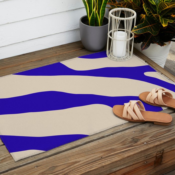 Blue Cobalt Abstract Minimalist Organic Forms Pattern with Beige Outdoor Rug Gallery Image 2