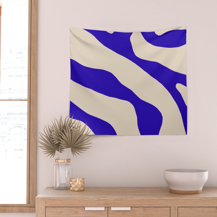 Blue Cobalt Abstract Minimalist Organic Forms Pattern with Beige Wall Tapestry Gallery Image 2